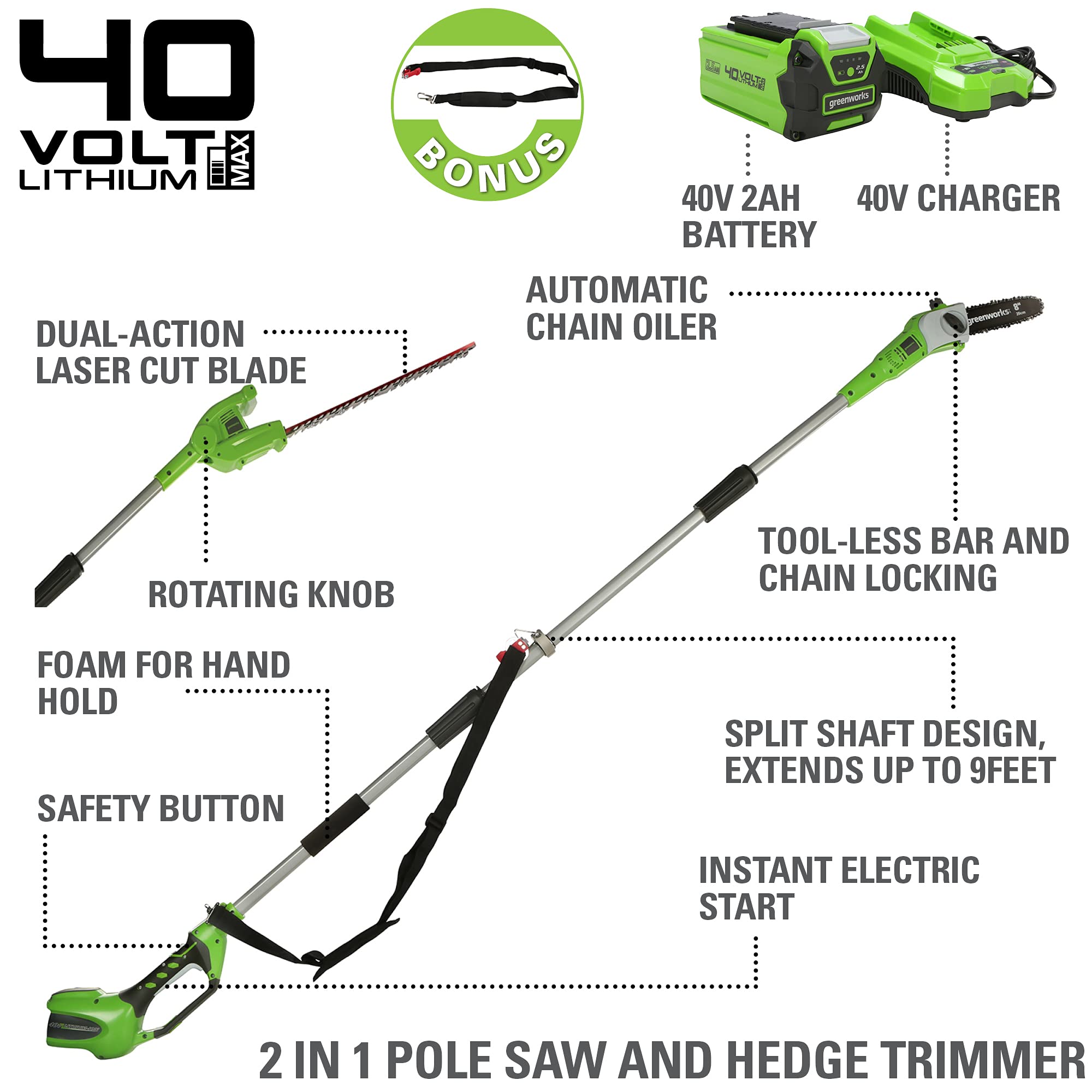Greenworks 40V Cordless Pole Saw and Pole Hedge Trimmer Combo