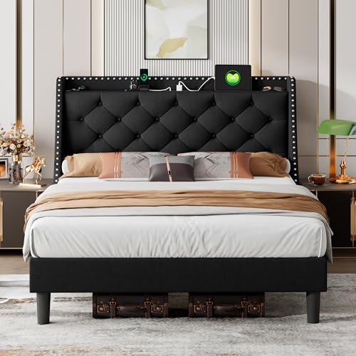 iPormis Full Bed Frame with 16" Deluxe Wingback &amp; USB &amp; Type-C Ports, Upholstered Platform Beds with Button Tufted Storage Headboard, Solid Wood Slats Support, No Box Spring Needed, Beige