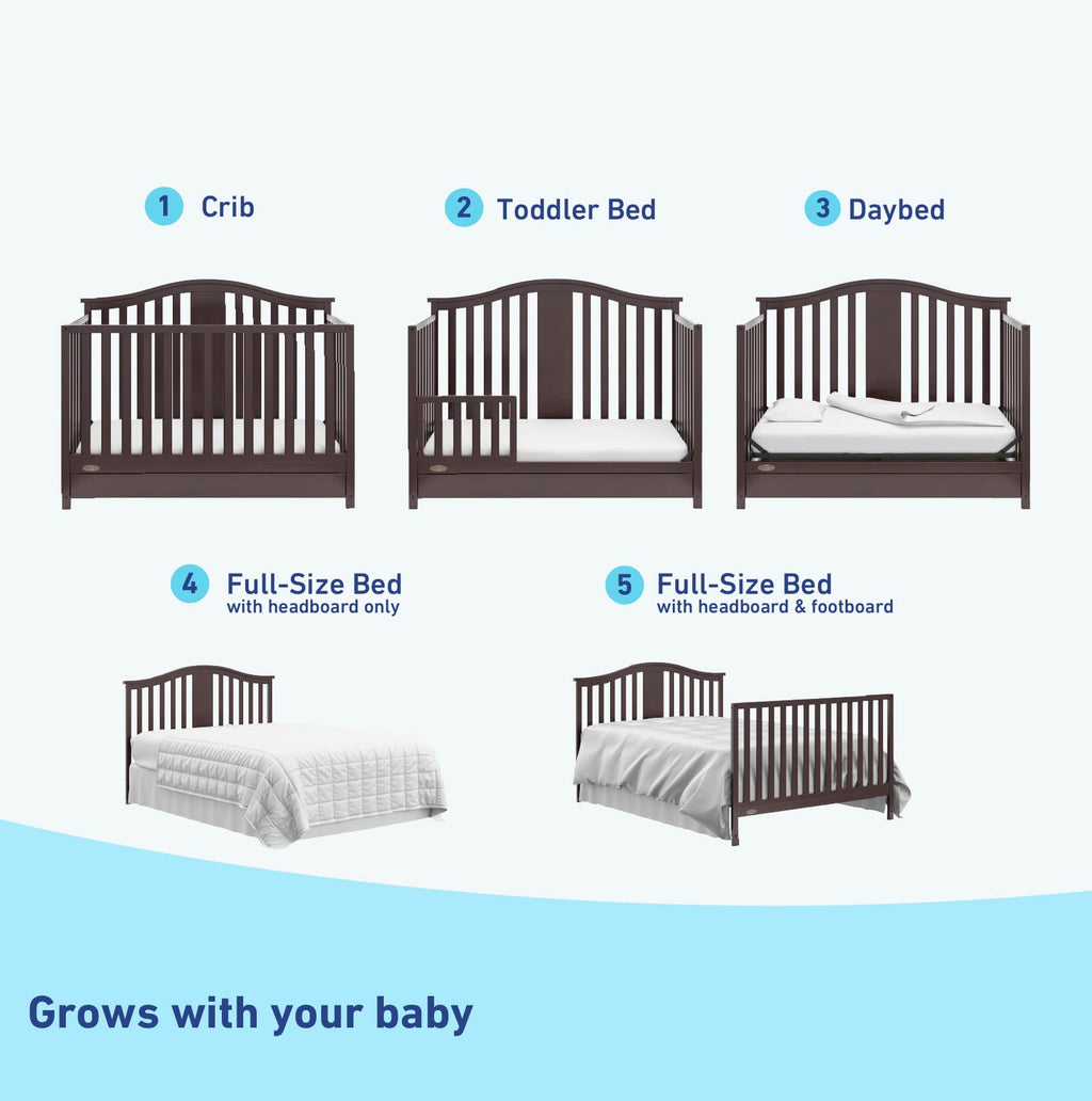 Graco Solano 4-in-1 Convertible Crib with Drawer (Espresso) u2013 GREENGUARD Gold Certified, Crib with Drawer Combo, Includes Full-Size Nursery Storage Drawer, Converts to Toddler Bed and Full-Size Bed