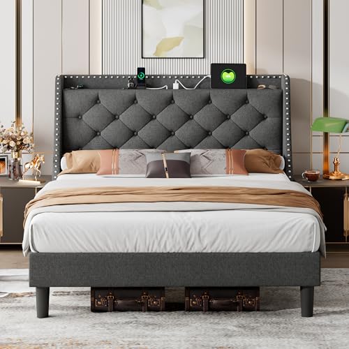 iPormis Full Bed Frame with 16" Deluxe Wingback &amp; USB &amp; Type-C Ports, Upholstered Platform Beds with Button Tufted Storage Headboard, Solid Wood Slats Support, No Box Spring Needed, Beige