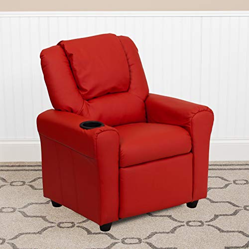 EMMA   OLIVER Beige Vinyl Kids Recliner with Cup Holder and Headrest
