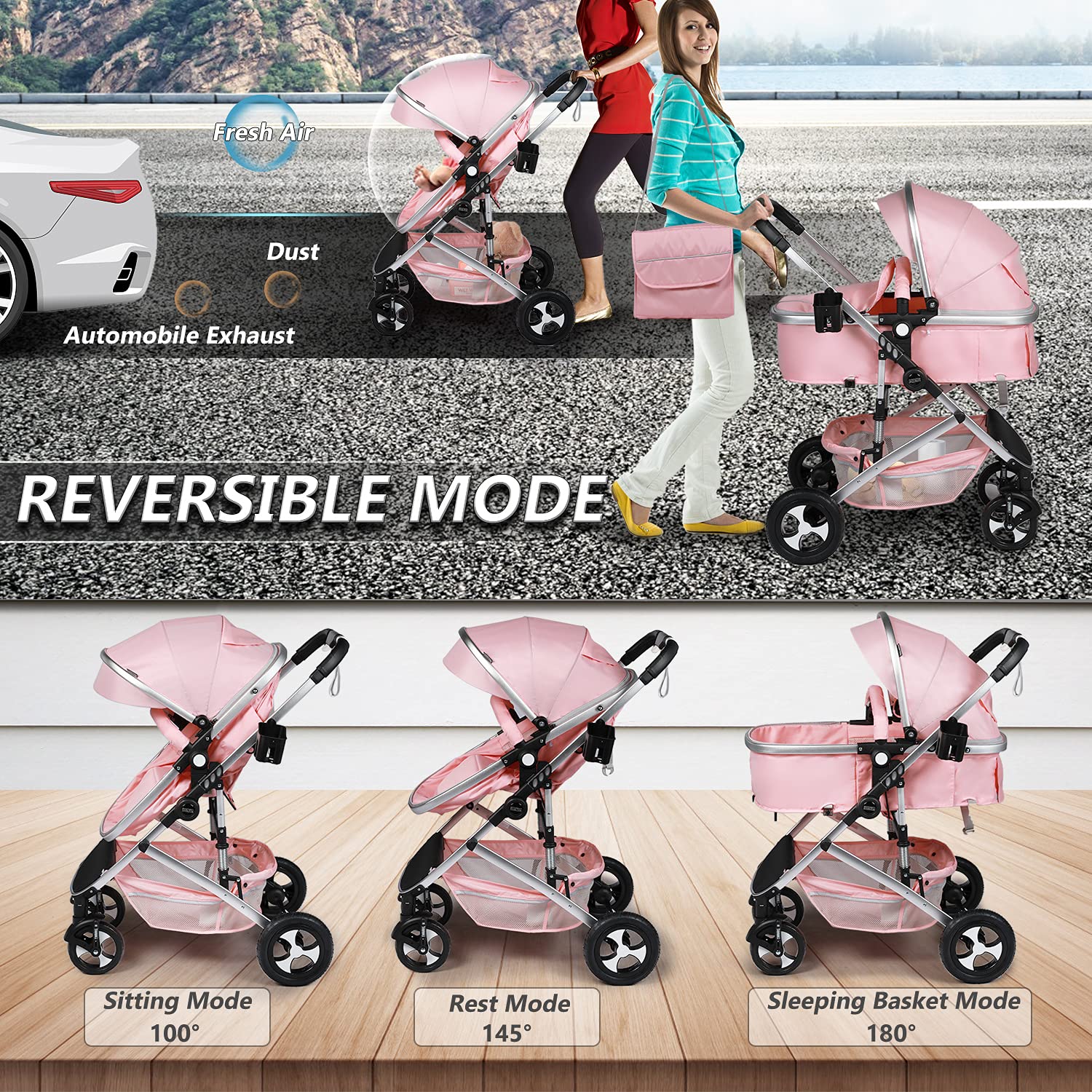 Kinder King 2-in-1 Convertible High-Landscape Baby Stroller (Pink)