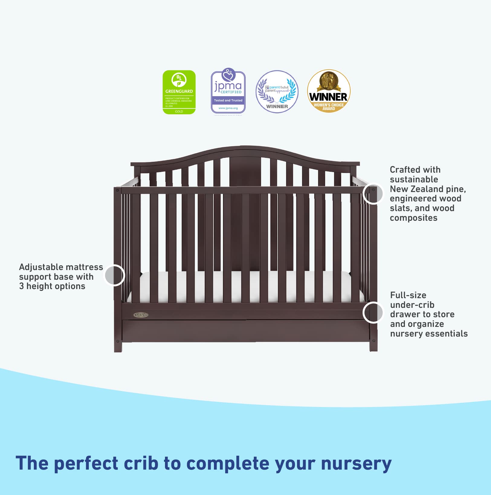 Graco Solano 4-in-1 Convertible Crib with Drawer (Espresso) u2013 GREENGUARD Gold Certified, Crib with Drawer Combo, Includes Full-Size Nursery Storage Drawer, Converts to Toddler Bed and Full-Size Bed