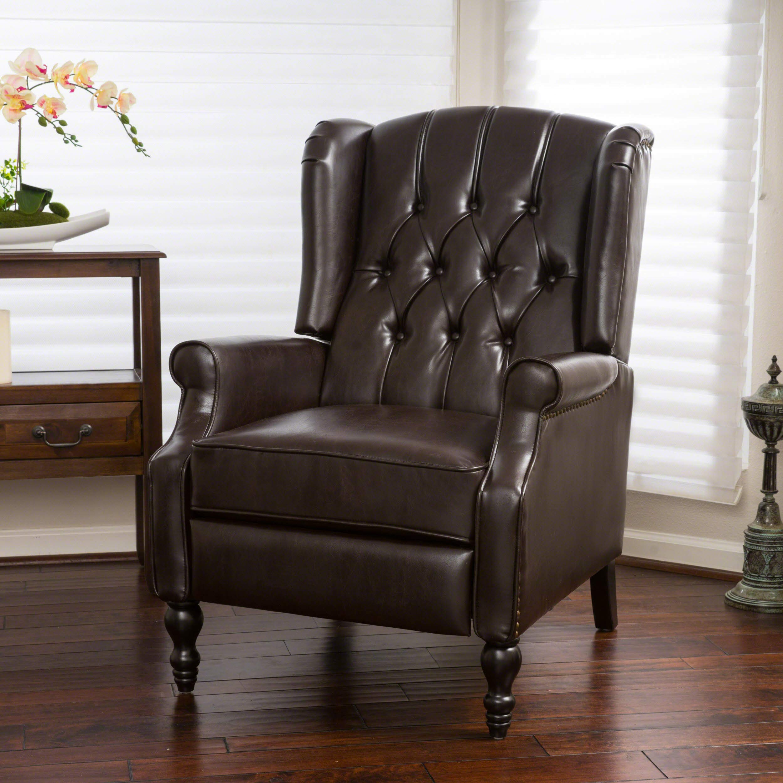 Christopher Knight Home GDFStudio Elizabeth Tufted Bonded Leather Recliner, Vintage Reclining Reading Armchair, 28.5D x 34.5W x 41H in, Brown