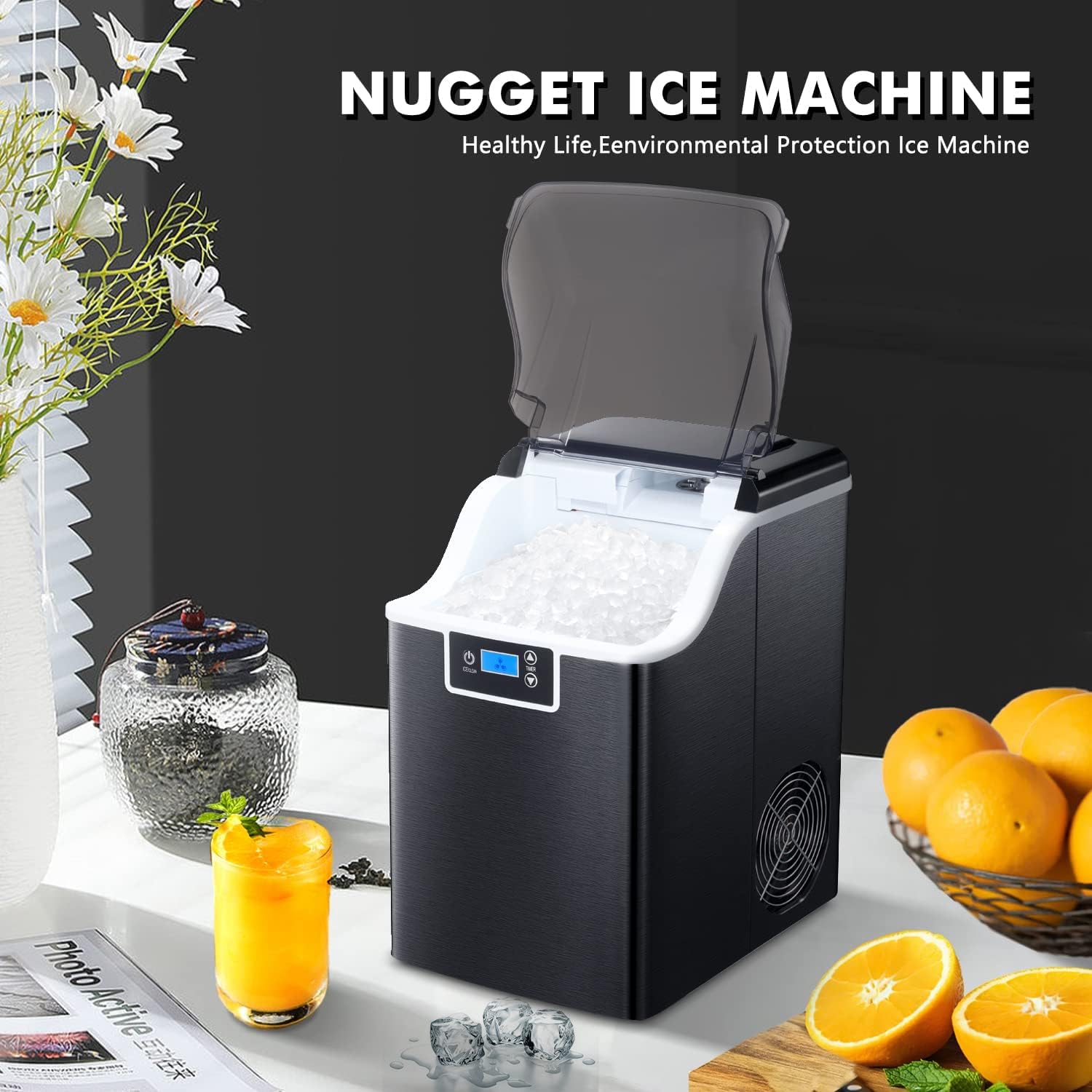 ZAFRO Nugget Ice Makers Countertop with Soft &amp; Chewable Pellet Ice Portable Self-Cleaning Compact Ice Machine 44Lbs/24H with Ice Scoop and Basket