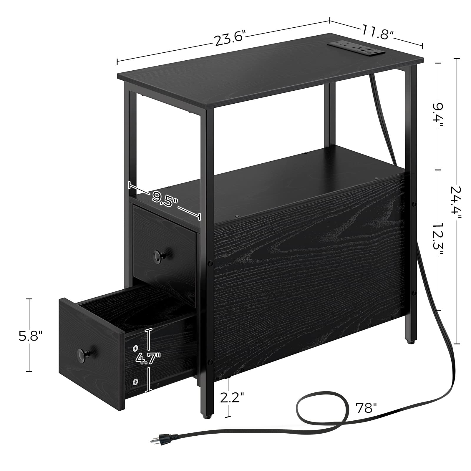 Rolanstar Narrow Charging End Table with 2 Wood Drawers