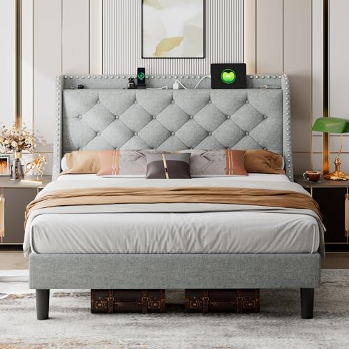 iPormis Full Bed Frame with 16" Deluxe Wingback &amp; USB &amp; Type-C Ports, Upholstered Platform Beds with Button Tufted Storage Headboard, Solid Wood Slats Support, No Box Spring Needed, Beige