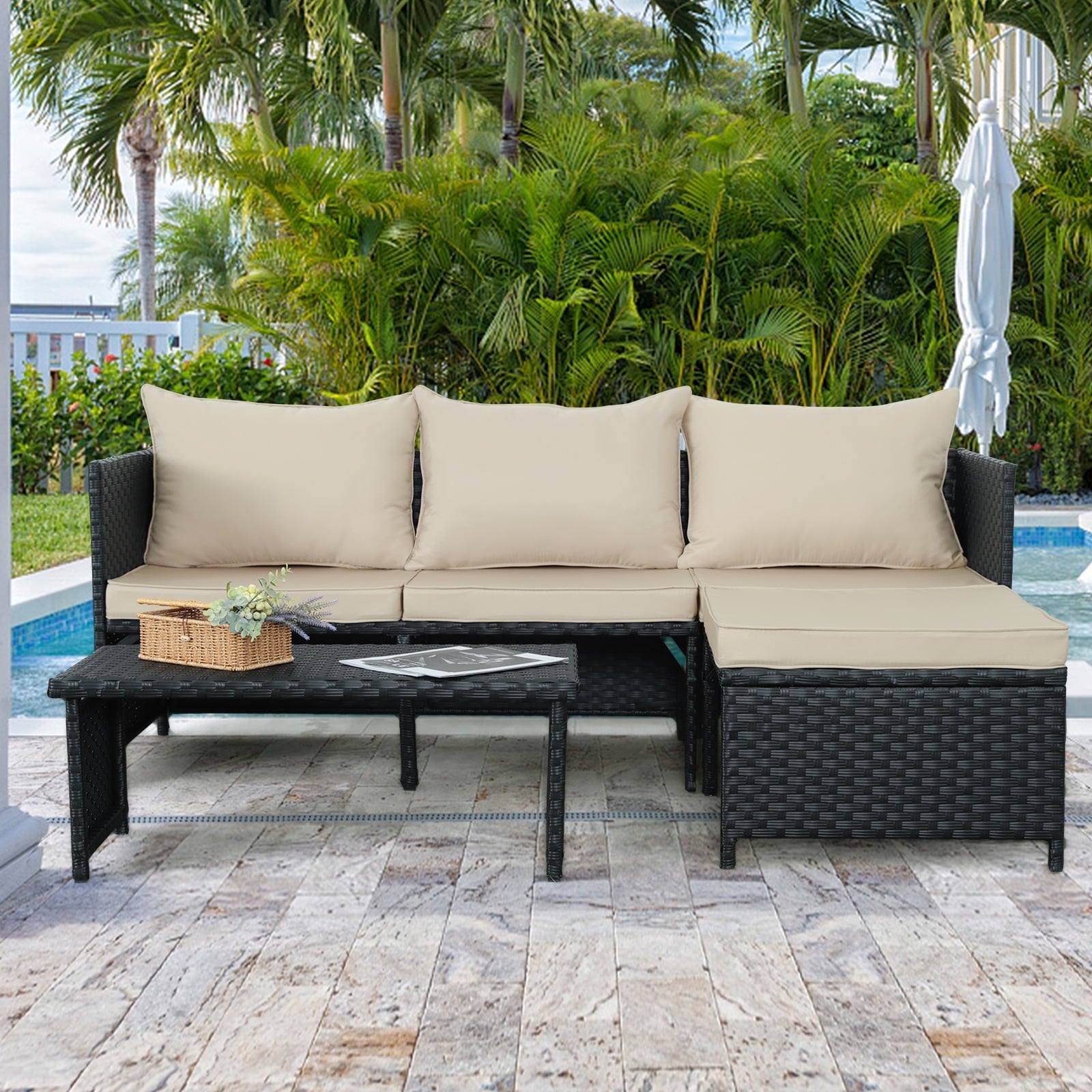 Waroom 3-Piece Khaki Wicker Outdoor Patio Conversation Set