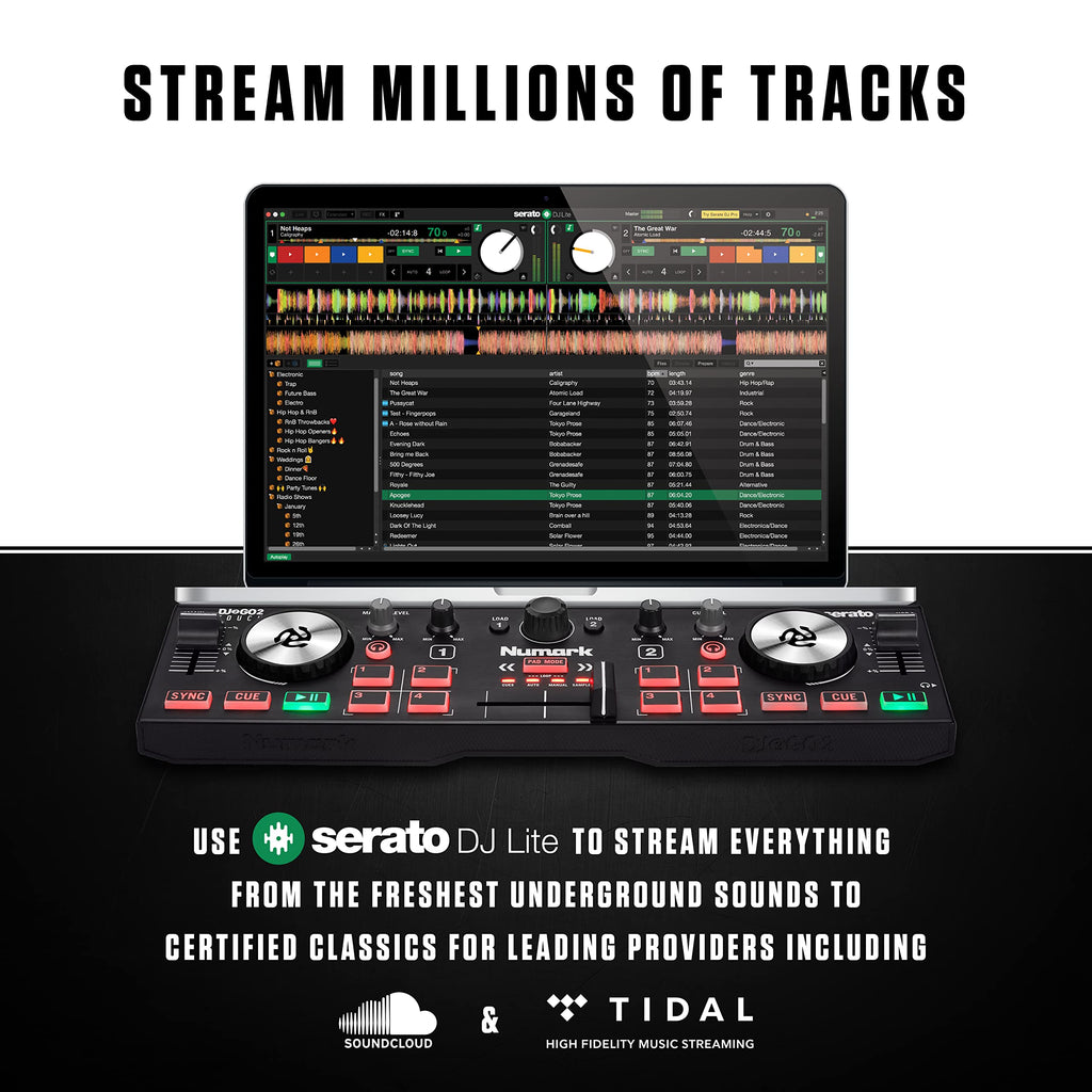 Numark DJ2GO2 Touch 2-Channel DJ Controller with SoundSwitch Micro DMX Interface, Includes Serato DJ Lite