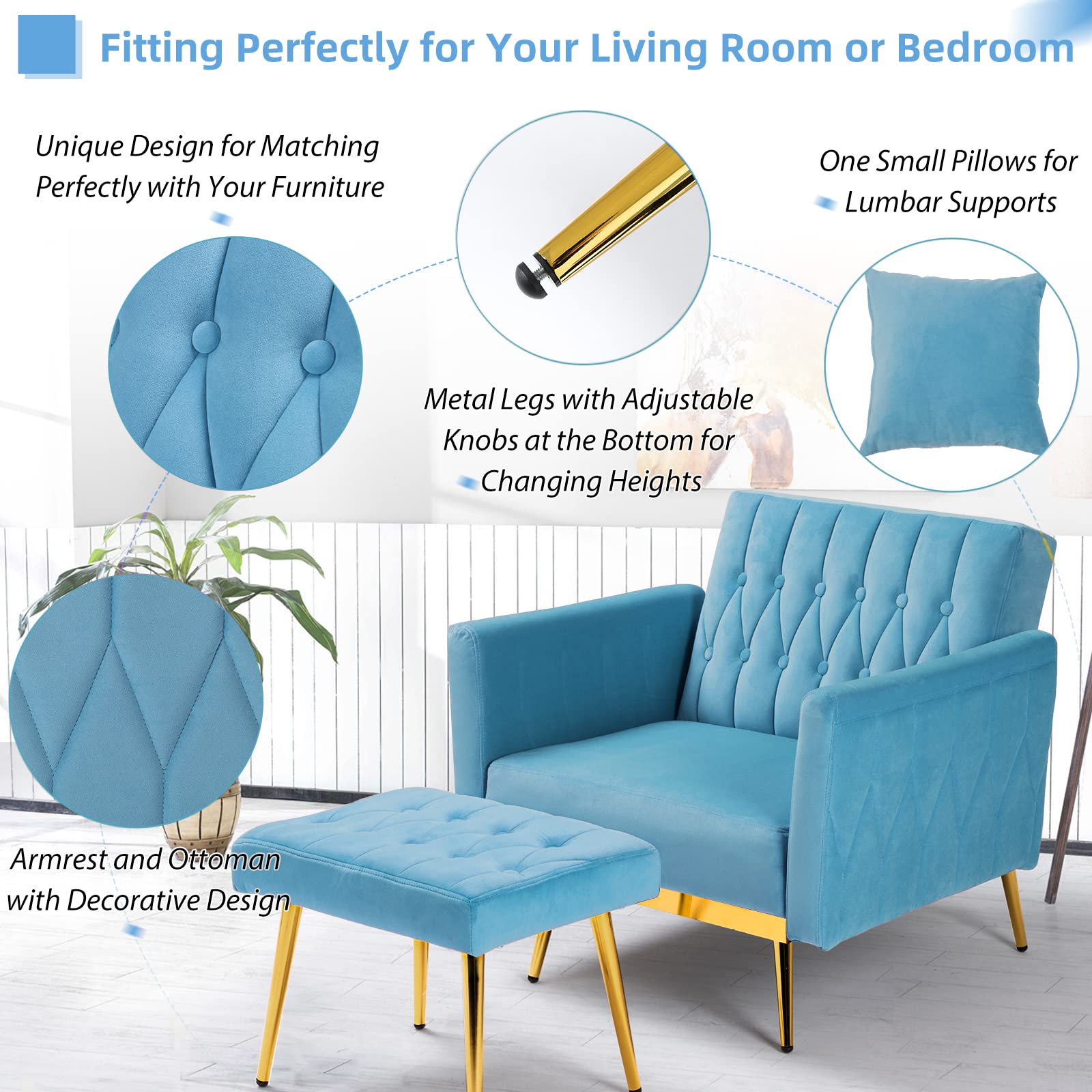 ACMEASE Velvet Accent Chair with Adjustable Backrest and Ottoman