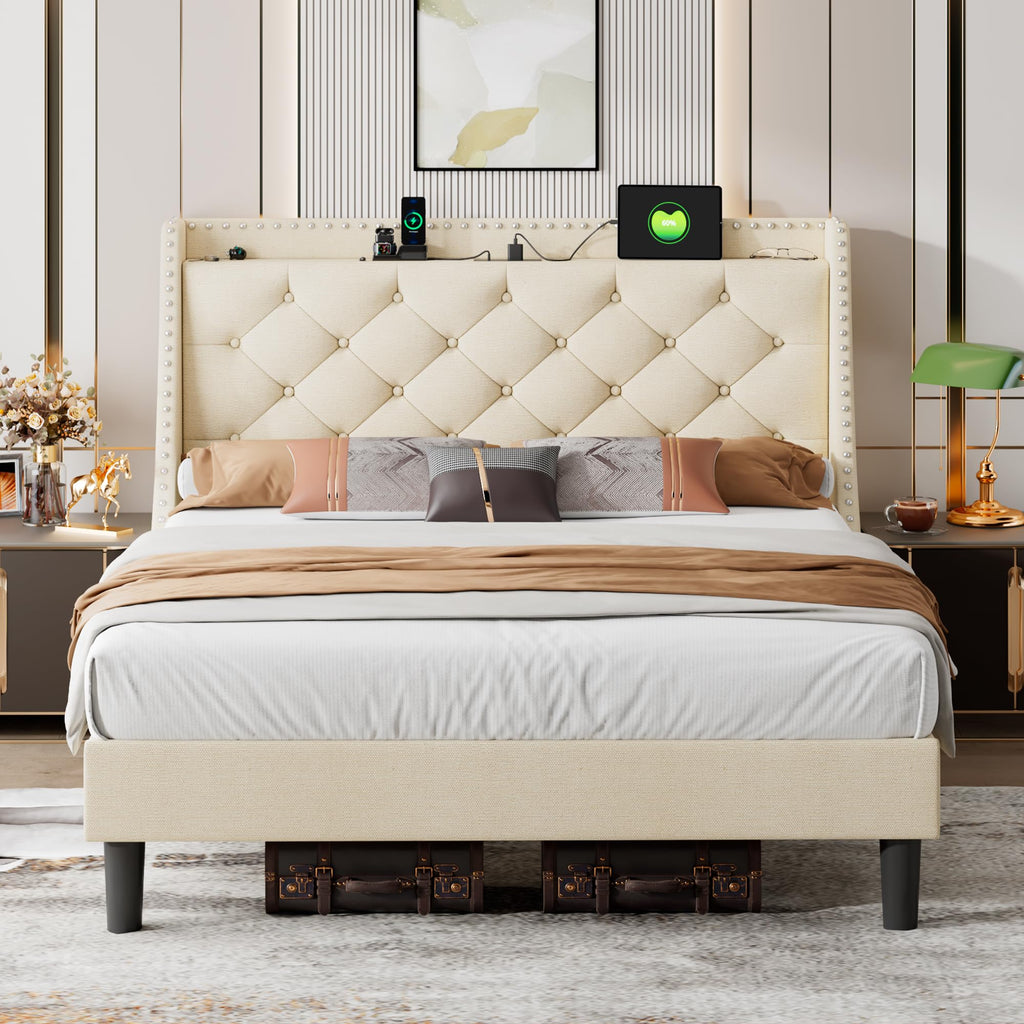 iPormis Full Bed Frame with 16" Deluxe Wingback &amp; USB &amp; Type-C Ports, Upholstered Platform Beds with Button Tufted Storage Headboard, Solid Wood Slats Support, No Box Spring Needed, Beige