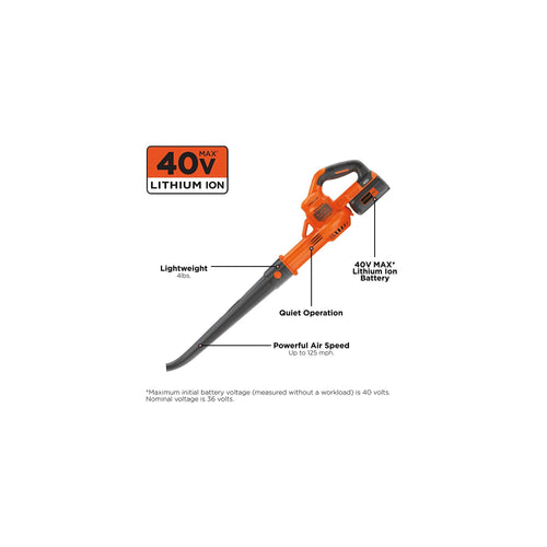BLACK DECKER 40V MAX Cordless Leaf Blower, Lawn Sweeper, 125 mph Air Speed, Lightweight Design, Battery and Charger Included (LSW40C)
