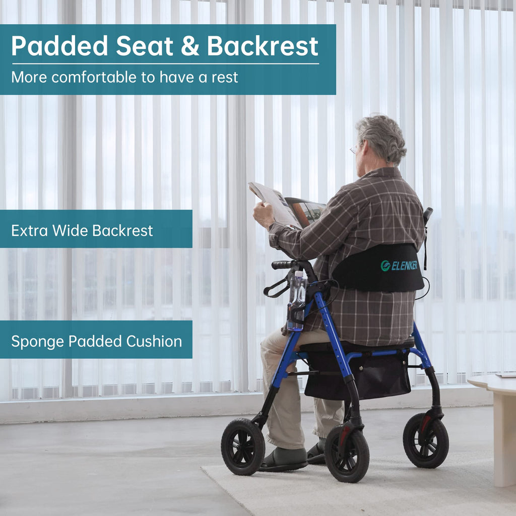 ELENKER All-Terrain Rollator Walker with 10u201d Non-Pneumatic Wheels, Sponge Padded Seat and Backrest, Fully Adjustment Frame for Seniors, Blue