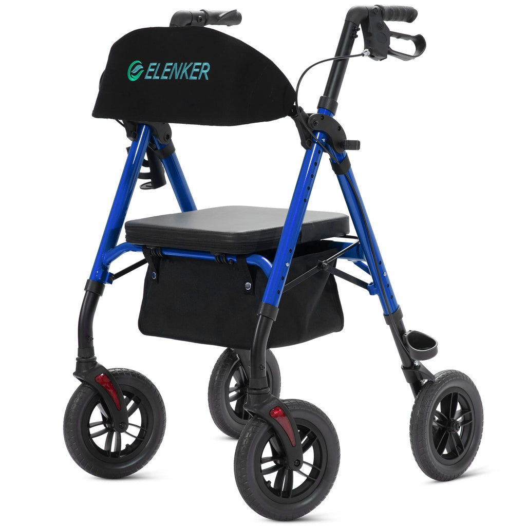 ELENKER All-Terrain Rollator Walker with 10u201d Non-Pneumatic Wheels, Sponge Padded Seat and Backrest, Fully Adjustment Frame for Seniors, Blue