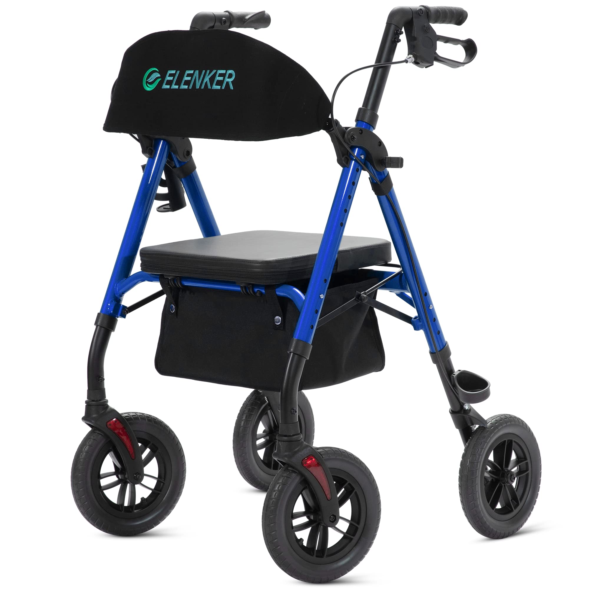 ELENKER All-Terrain Rollator Walker with 10u201d Non-Pneumatic Wheels, Sponge Padded Seat and Backrest, Fully Adjustment Frame for Seniors, Blue