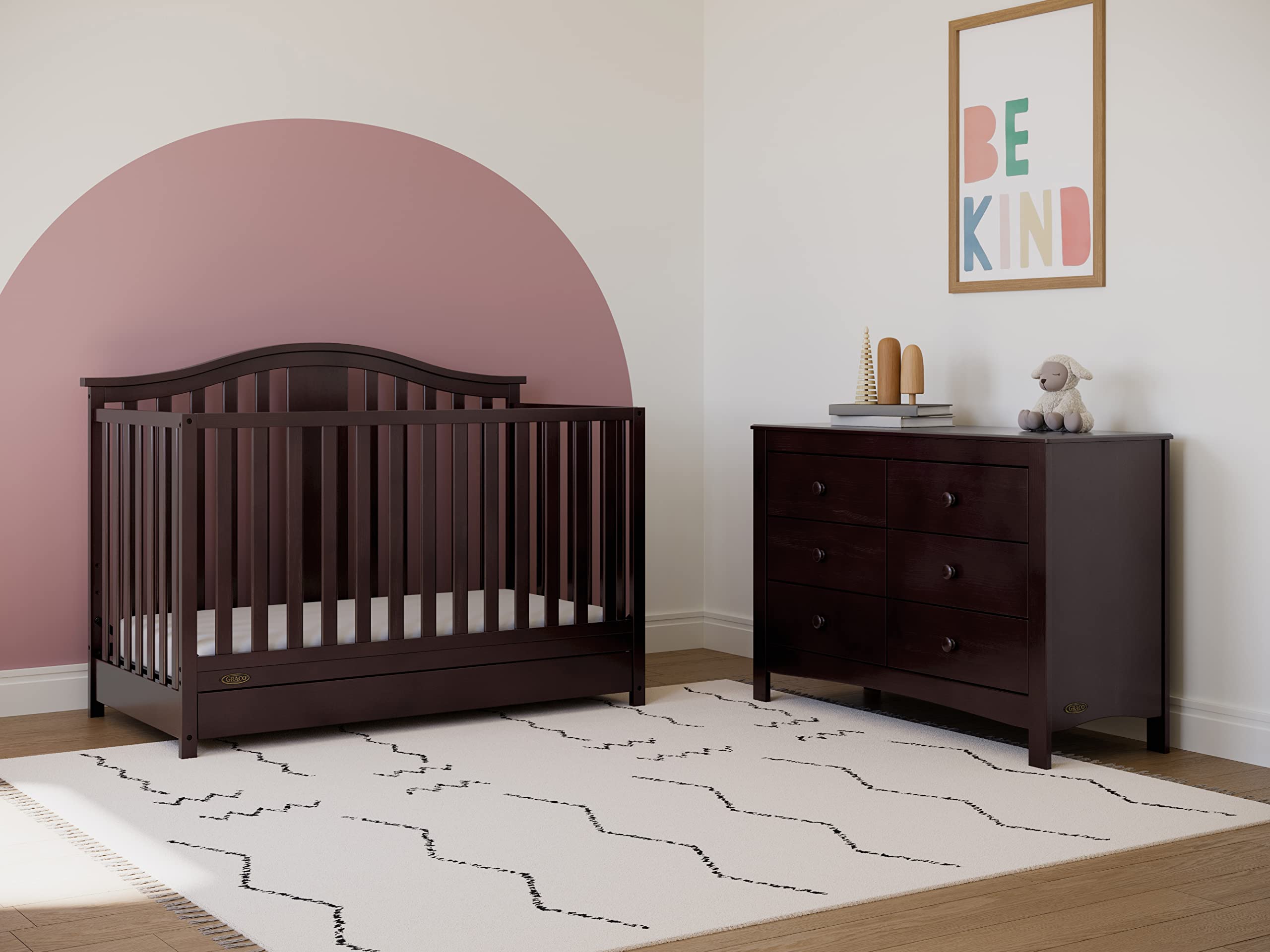 Graco Solano 4-in-1 Convertible Crib with Drawer (Espresso) u2013 GREENGUARD Gold Certified, Crib with Drawer Combo, Includes Full-Size Nursery Storage Drawer, Converts to Toddler Bed and Full-Size Bed