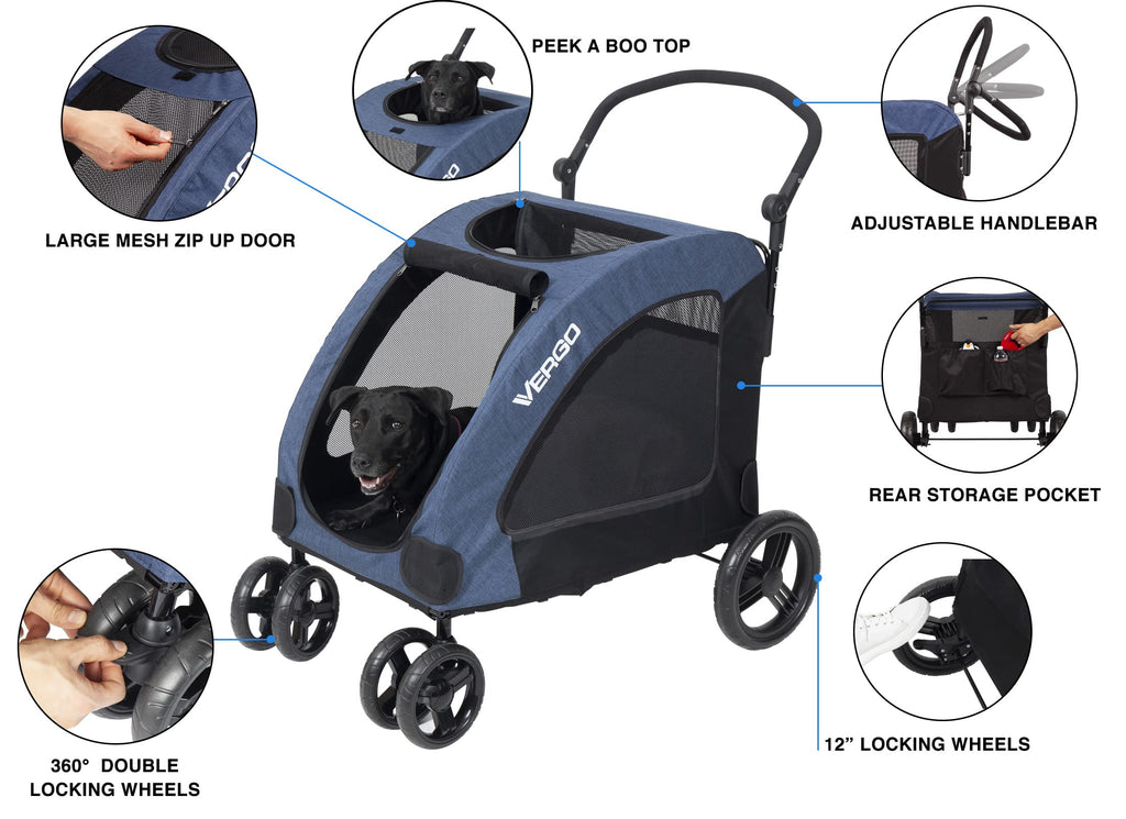 Vergo Dog Stroller Pet Jogger Wagon Foldable Cart with 4 Wheels, Adjustable Handle, Zipper Entry, Mesh Skylight Pet Stroller for Small to Large Dogs and Other Pet Travel (Blue)