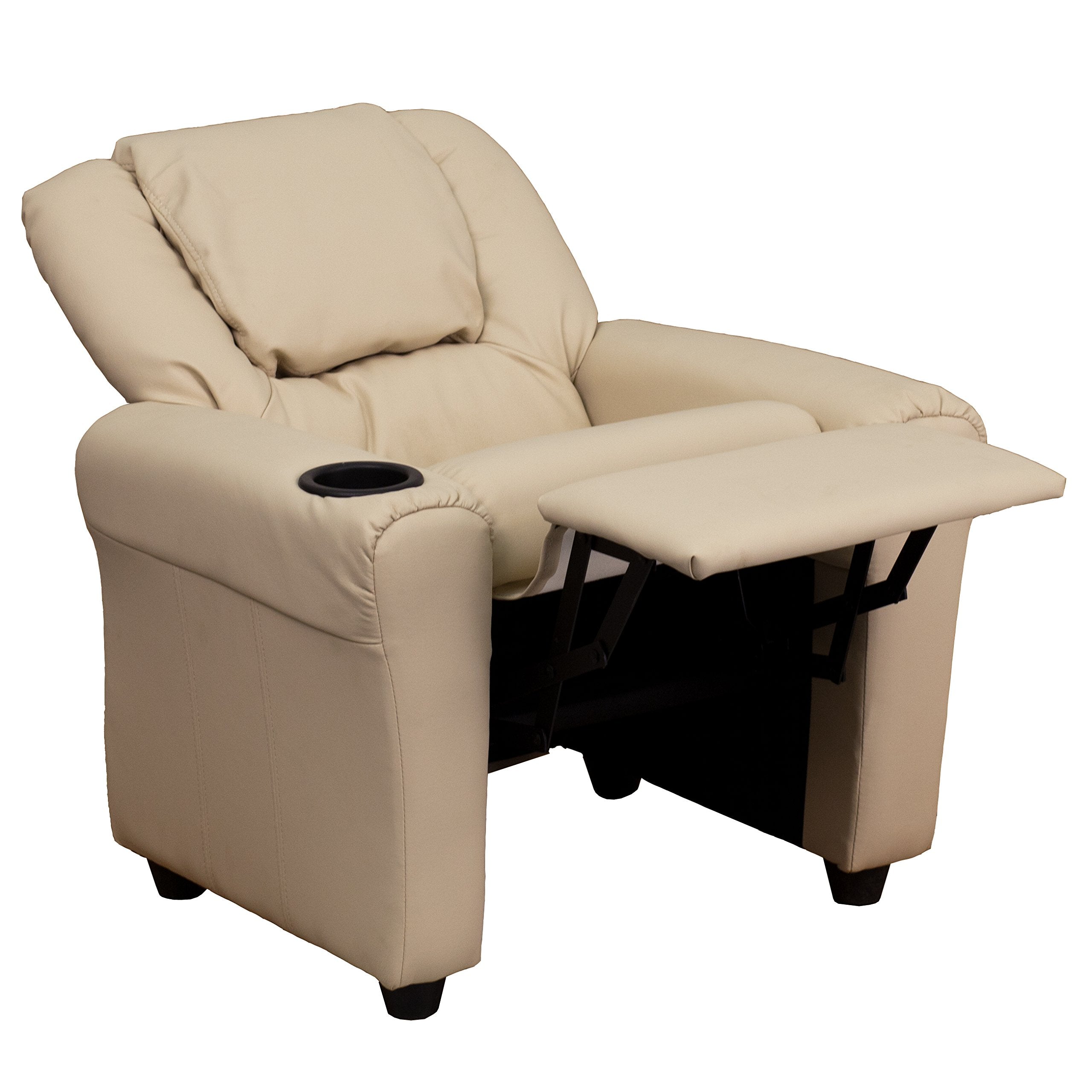 EMMA   OLIVER Beige Vinyl Kids Recliner with Cup Holder and Headrest