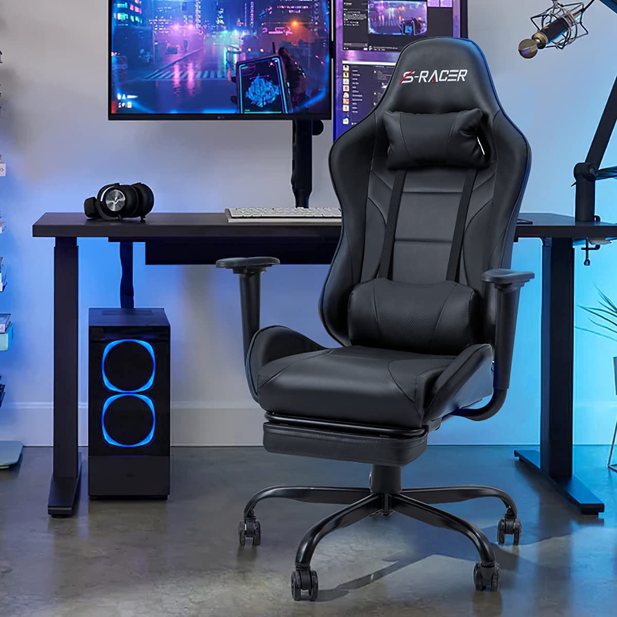 Homall Ergonomic Gaming Chair with Massage Lumbar Support and Footrest, Racing Style Swivel Office Desk Chair - Black